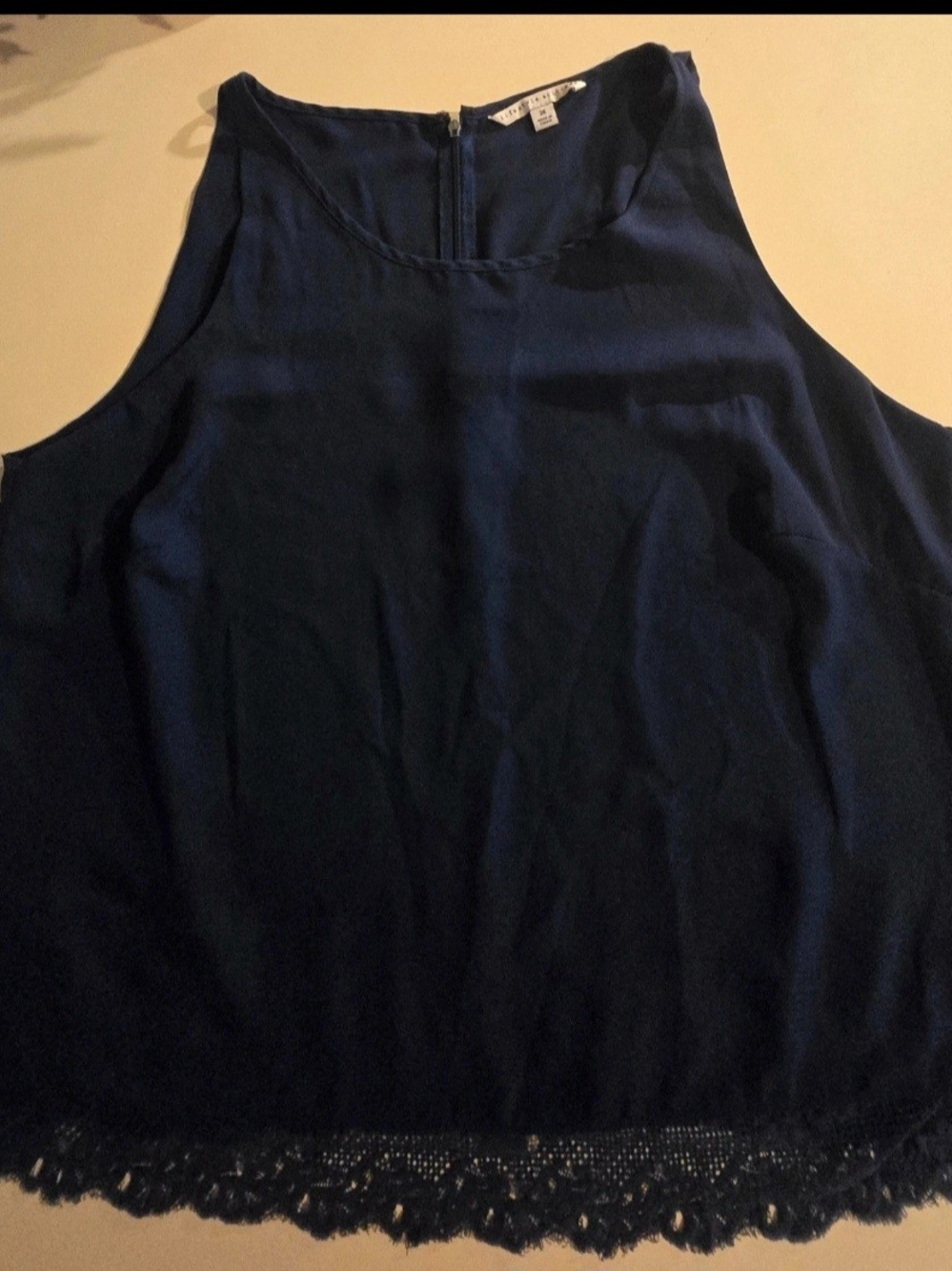 Sleeveless Navy Lace-Hem Blouse